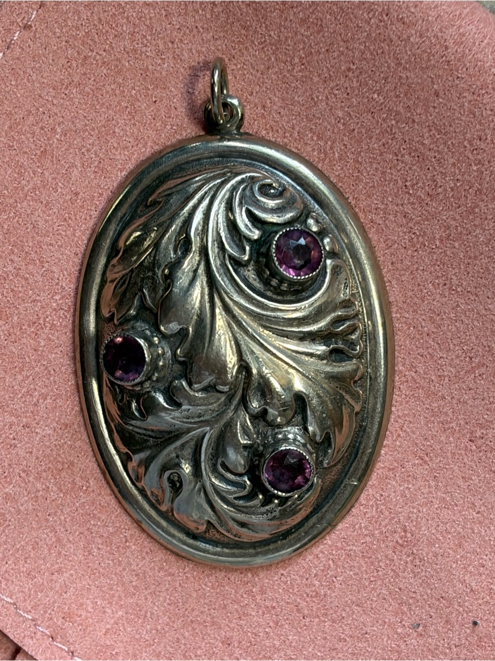 Art Nouveau Antique Leaf Foliage With Purple Paste Stones Large Oval Pendant - Picture 7 of 13